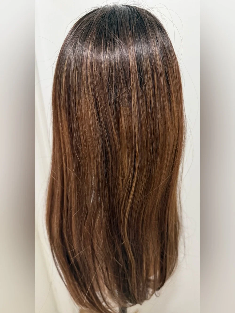 HAIR, 24” Straight Topper, Whispy bangs, Center Part, Brown Carmel Highlights